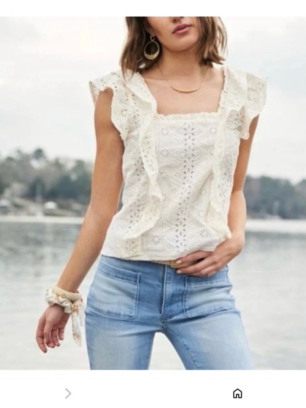 Spartina 449 White Eyelet Ruffle Sleeve Top zip side size  Medium